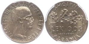 0,05 Lek Albanian Kingdom (1939-1943) Aluminio/Bronce Víctor Manuel III de Italia (1869 - 1947)