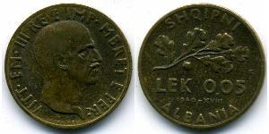 0,05 Lek 阿尔巴尼亚王国 (1939年－1943年) (1939 - 1943) 青铜/铝 维托里奥·埃马努埃莱三世 (1869 - 1947)