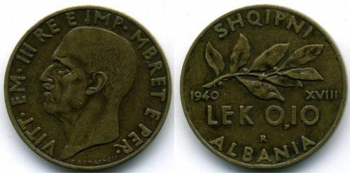0,10 Лек Albanian Kingdom (1939-1943) Бронза/Алюміній Віктор Емануїл III (1869 - 1947)