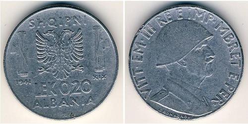 0.2 Lek 阿尔巴尼亚王国 (1939年－1943年) (1939 - 1943) Steel 维托里奥·埃马努埃莱三世 (1869 - 1947)