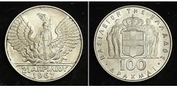 100 Drachma Grecia / Reino de Grecia (1944-1973) Plata Constantino II de Grecia (1940 - 1964)
