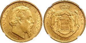 100 Franc Mónaco (1297 - ) Oro Carlos III de Mónaco (1818-1889)