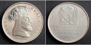 100 Krone Tschechoslowakei  (1918-1992) Silber Karl IV, Römisch-deutscher Kaiser (1316-1378)