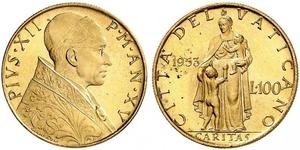 100 Лира Ватикан (1926-) Золото Пий XII  (1876 - 1958)