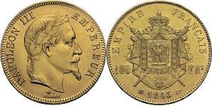 100 Франк Second French Empire (1852-1870) Золото Наполеон ІІІ Бонапарт (1808-1873)