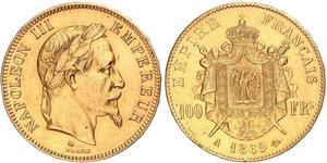 100 Франк Second French Empire (1852-1870) Золото Наполеон ІІІ Бонапарт (1808-1873)