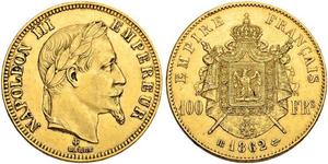 100 Франк Second French Empire (1852-1870) Золото Наполеон ІІІ Бонапарт (1808-1873)