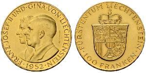 100 Франк Ліхтенштейн (1719 - ) Золото Franz Joseph II, Prince of Liechtenstein (1938 - 1989) 