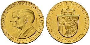 100 Франк Ліхтенштейн (1719 - ) Золото Franz Joseph II, Prince of Liechtenstein (1938 - 1989) 