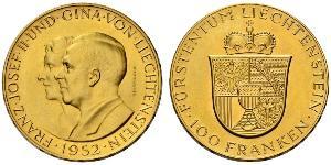 100 Франк Ліхтенштейн (1719 - ) Золото Franz Joseph II, Prince of Liechtenstein (1938 - 1989) 