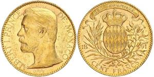 100 Франк Монако (1297 - ) Золото Albert I, Prince of Monaco (1848 - 1922)