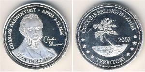 10 Dollar Kokosinseln Silber Charles Robert Darwin (1809 - 1882) 