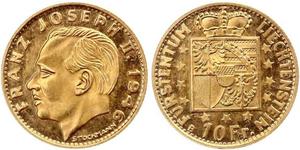 10 Franc Liechtenstein (1719 - ) Gold Franz Joseph II, Prince of Liechtenstein (1938 - 1989) 