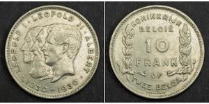 10 Franc Bélgica Níquel Alberto I de Bélgica (1875 - 1934) / Leopold II (1835 - 1909) / Leopoldo I de Bélgica (1790-1865)