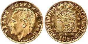 10 Franc Liechtenstein Or Franz Joseph II, Prince of Liechtenstein (1938 - 1989) 