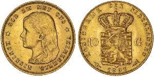 10 Gulden Regno dei Paesi Bassi (1815 - ) Oro Guglielmina dei Paesi Bassi(1880 - 1962)