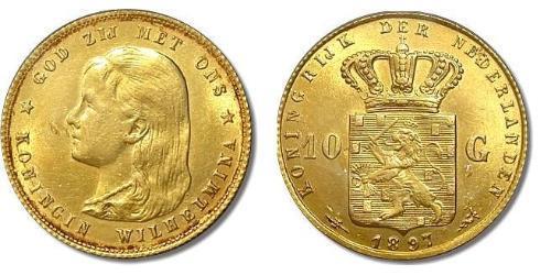 10 Gulden Regno dei Paesi Bassi (1815 - ) Oro Guglielmina dei Paesi Bassi(1880 - 1962)