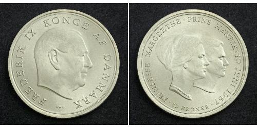 10 Krone Danimarca Argento Margherita II di Danimarca (1940-) / Federico IX di Danimarca (1899 - 1972)