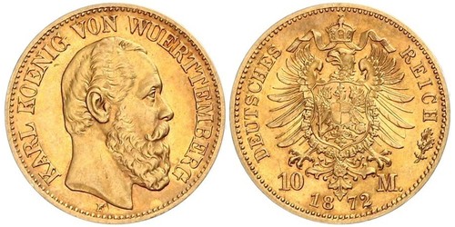 10 Mark Royaume de Wurtemberg (1806-1918) Or Charles Ier de Wurtemberg
