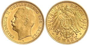 10 Mark Gran Ducado de Baden (1806-1918) Oro Federico II de Baden (1857 - 1928)