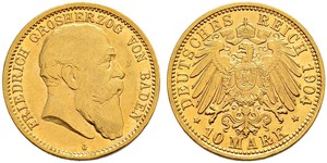 10 Mark Gran Ducado de Baden (1806-1918) Oro Federico I de Baden (1826 - 1907)