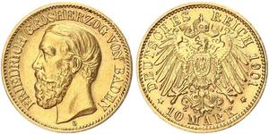 10 Mark Gran Ducado de Baden (1806-1918) Oro Federico I de Baden (1826 - 1907)