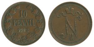 10 Penny Granducato di Finlandia (1809 - 1917) Rame Nicola II (1868-1918)