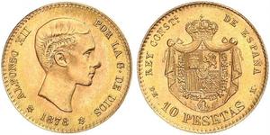 10 Peseta Kingdom of Spain (1874 - 1931) 金 Alfonso XII of Spain (1857 -1885)