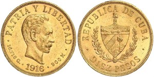 10 Peso Cuba (1898 - ) Gold Jose Julian Marti Perez (1853 - 1895) 