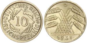 10 Pfennig / 10 Reichpfennig Repubblica di Weimar (1918-1933) Ottone 