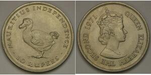 10 Rupee Mauricio (1968 - )  Isabel II (1926-2022)
