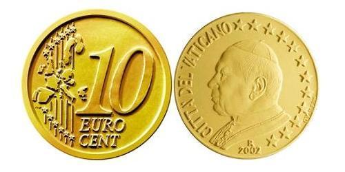 10 Євроцент Ватікан (1926-) Цинк/Олово/Мідь/Алюміній Иоанн Павел II (1920 - 2005)