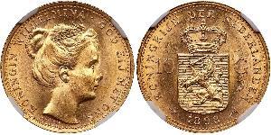 10 Гульден Королівство Нідерланди (1815 - ) Золото Вільгельміна (королева Нідерландів)(1880 - 1962)