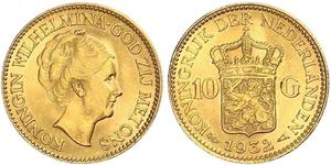 10 Гульден Королівство Нідерланди (1815 - ) Золото Вільгельміна (королева Нідерландів)(1880 - 1962)