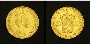 10 Гульден Королівство Нідерланди (1815 - ) Золото Вільгельміна (королева Нідерландів)(1880 - 1962)