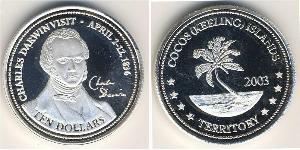 10 Долар Кокосові острови Срібло Charles Robert Darwin (1809 - 1882) 