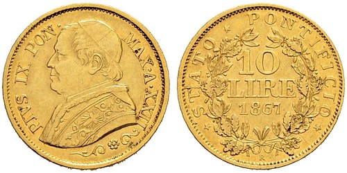 10 Лира Папская область (752-1870) Золото Пий IX (1792- 1878)