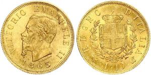 10 Ліра Kingdom of Italy (1861-1946) Золото Victor Emmanuel II of Italy (1820 - 1878)