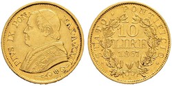 10 Ліра Папська держава (752-1870) Золото Пій IX (1792- 1878)