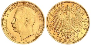 10 Марка Велике герцогство Баден (1806-1918) Золото Frederick II, Grand Duke of Baden (1857 - 1928)