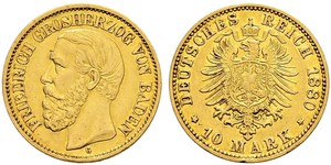 10 Марка Велике герцогство Баден (1806-1918) Золото Frederick I, Grand Duke of Baden (1826 - 1907)