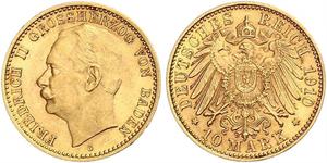 10 Марка Велике герцогство Баден (1806-1918) Золото Frederick II, Grand Duke of Baden (1857 - 1928)
