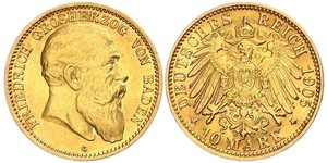 10 Марка Велике герцогство Баден (1806-1918) Золото Frederick I, Grand Duke of Baden (1826 - 1907)