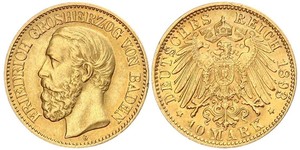 10 Марка Великое герцогство Баден (1806-1918) Золото Фридрих I (великий герцог Баденский) (1826 - 1907)