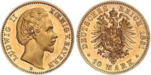 10 Марка Королевство Бавария (1806 - 1918) Золото Людвиг II (король Баварии)(1845 – 1886)