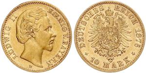 10 Марка Королевство Бавария (1806 - 1918) Золото Людвиг II (король Баварии)(1845 – 1886)