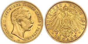 10 Марка Пруссия (королевство) (1701-1918) Золото Wilhelm II, German Emperor (1859-1941)