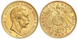 10 Марка Пруссия (королевство) (1701-1918) Золото Wilhelm II, German Emperor (1859-1941)