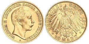 10 Марка Пруссия (королевство) (1701-1918) Золото Wilhelm II, German Emperor (1859-1941)