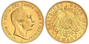 10 Марка Пруссия (королевство) (1701-1918) Золото Wilhelm II, German Emperor (1859-1941)